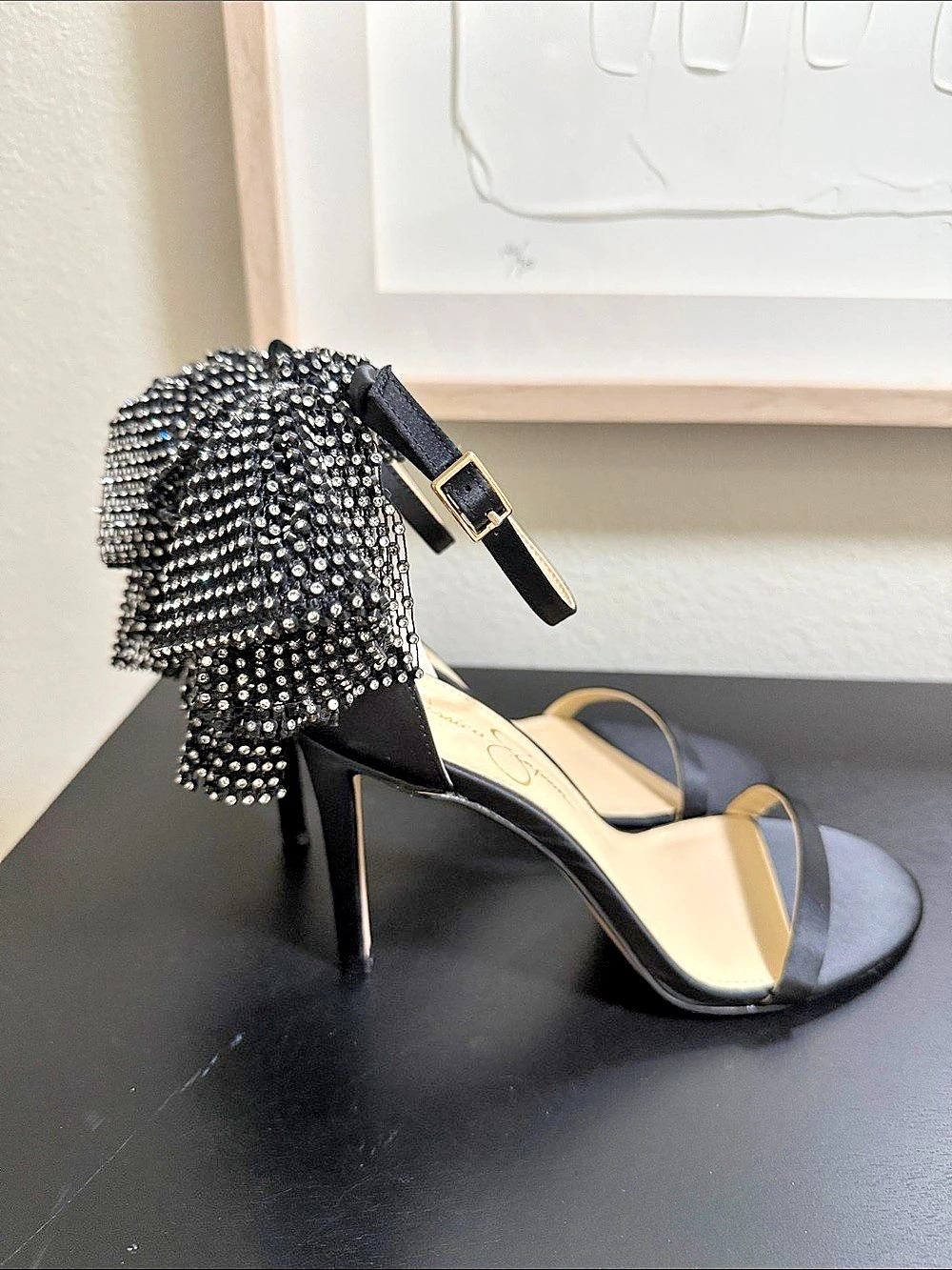 NWT Jessica Simpson JS-MOURE Rhinestone Ankle Strap Heels in Black Size 9.5 M